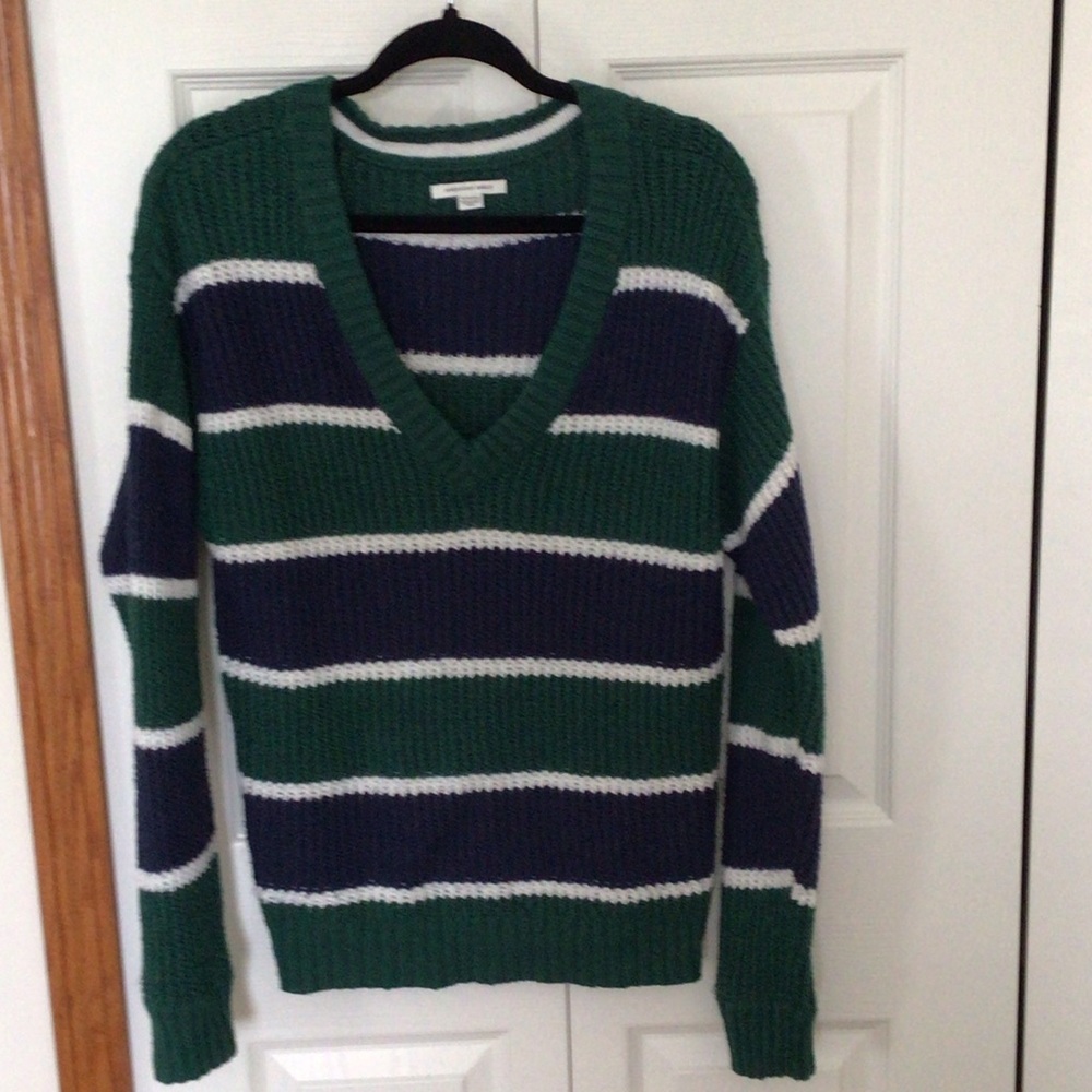 American Eagle Outfitters Green, Navy & White Striped V-Neck Sweater